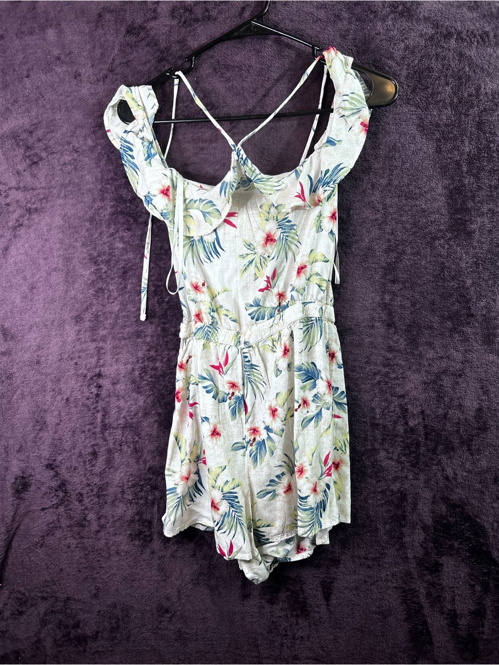Hollister White Floral Off-Shoulder Romper with Blue & Pink Prints